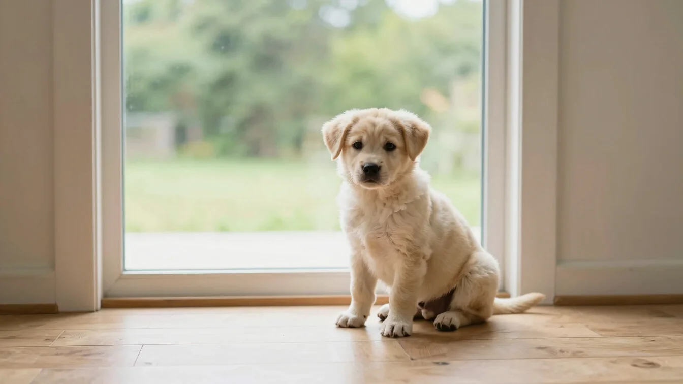 Wide environmental shot of a medium-sized puppy sitting on a ligh