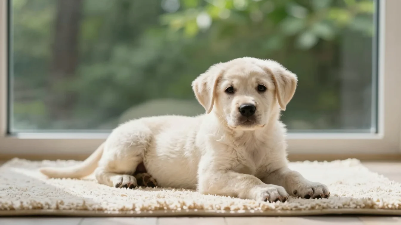 Gentle portrait of a larger puppy lying on a cream rug in open sh