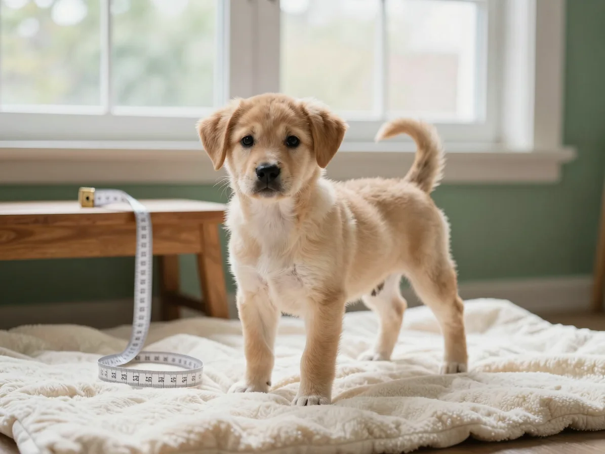 Soft natural-light portrait of a puppy standing on a cream blanket next to a folded measuring tape-free wooden bench, ca