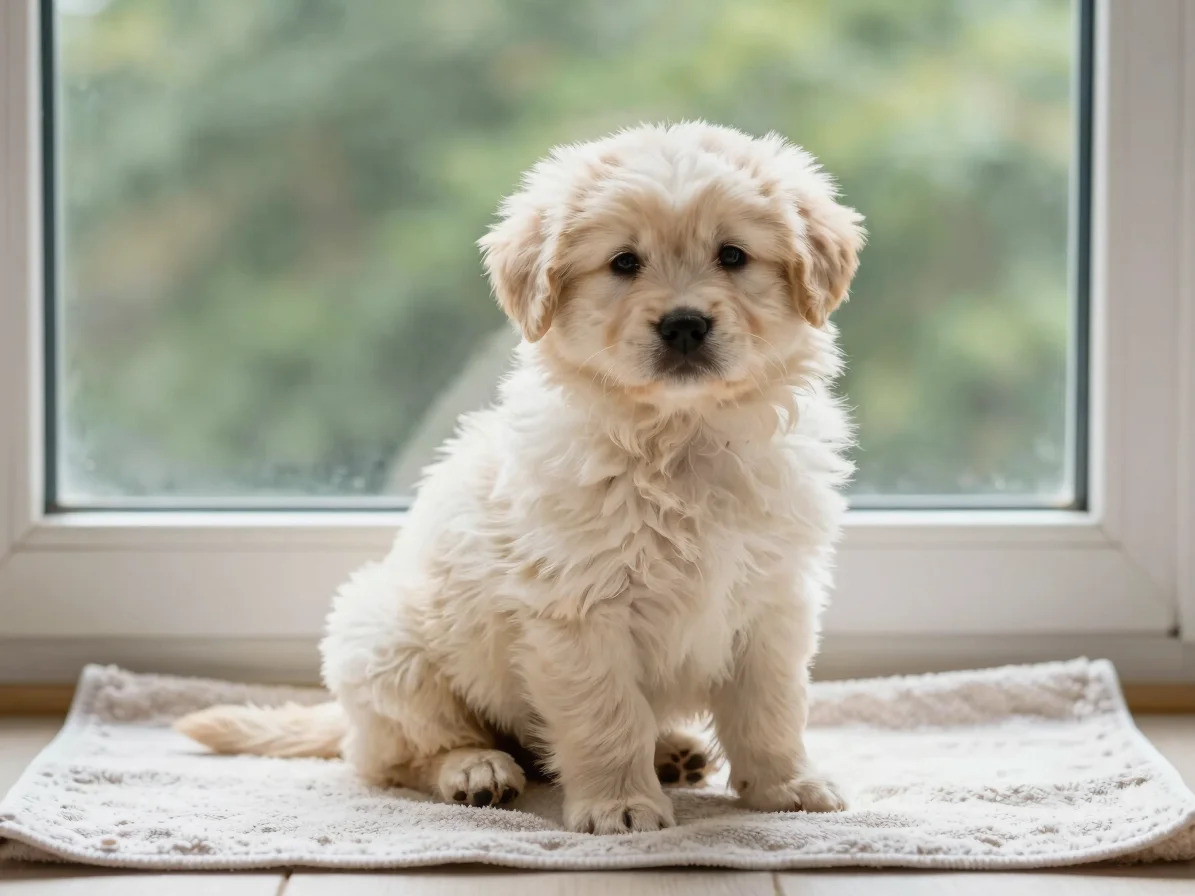 Close, tender portrait of a fluffy puppy with a soft coat sitting on a light cotton towel by a window, natural daylight,