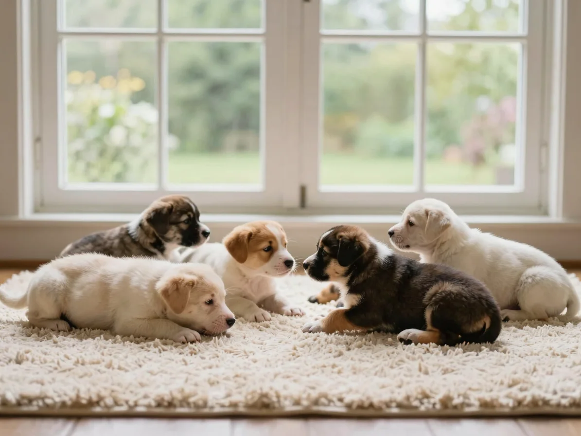 Small group of puppies playing gently together on a cream rug in soft window light, relaxed and safe, wide environmental