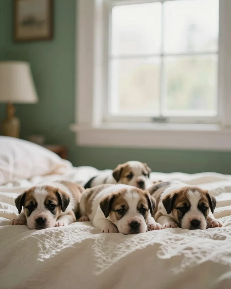 Natural window-light editorial portrait of a small litter of heal