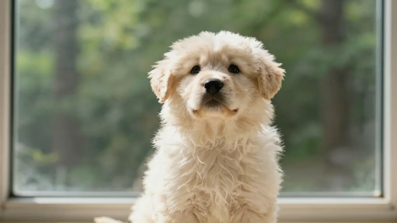 Close portrait of a fluffy puppy looking up calmly, soft open sha