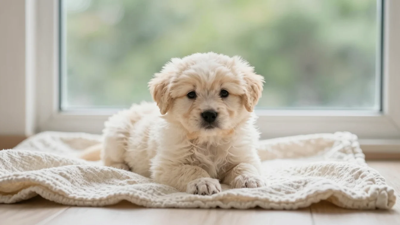 Close natural-light portrait of a small, fluffy puppy resting on