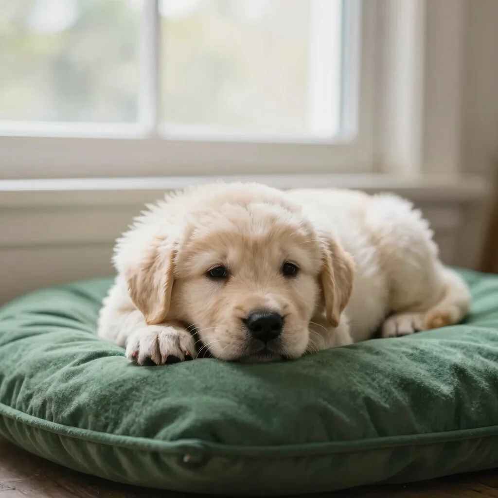 Close portrait of a fluffy cream puppy resting on a forest green cushion, soft window light, calm clean background, roun