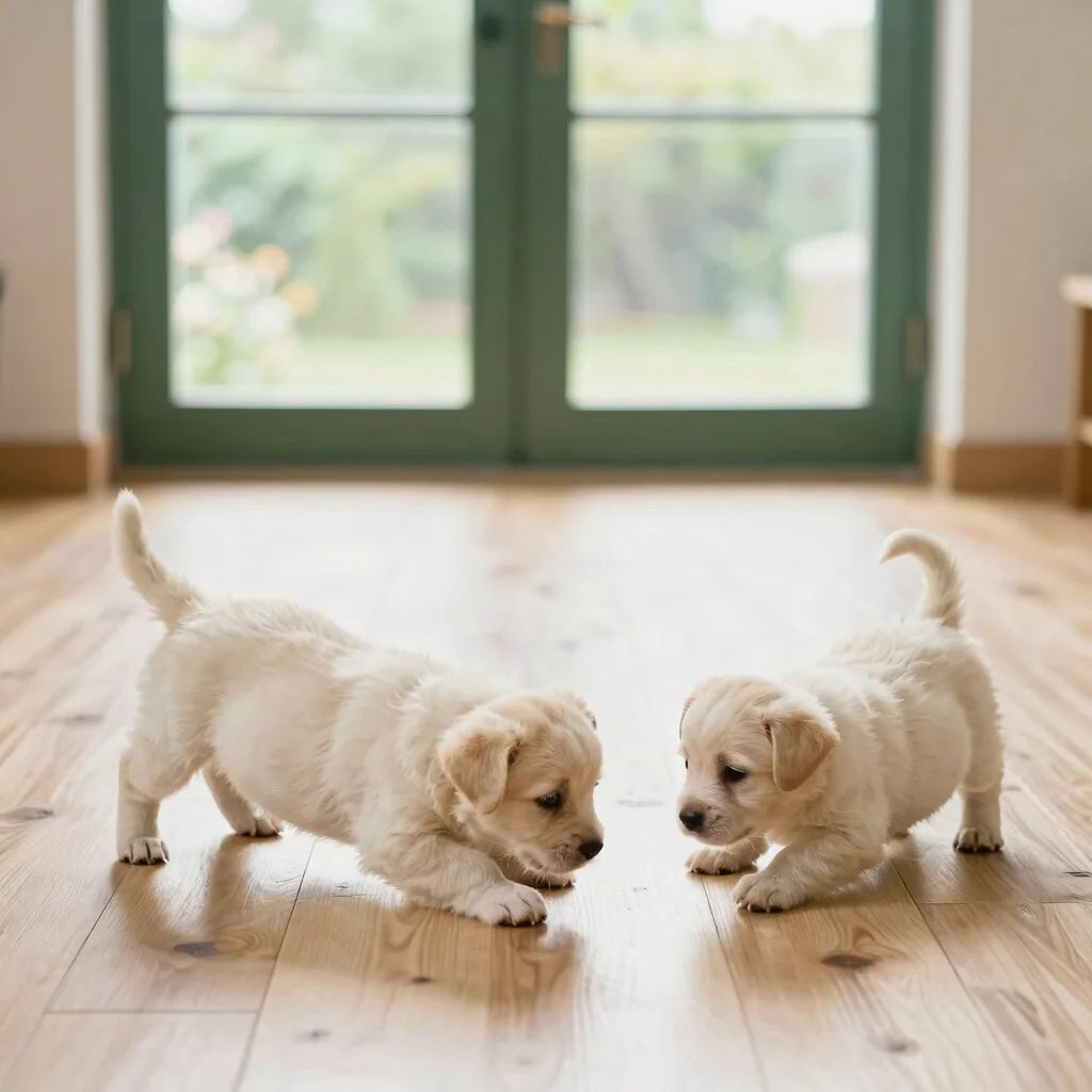 Wide environmental shot of two small puppies playing on a clean wooden floor in a bright sunlit room, cream and white to