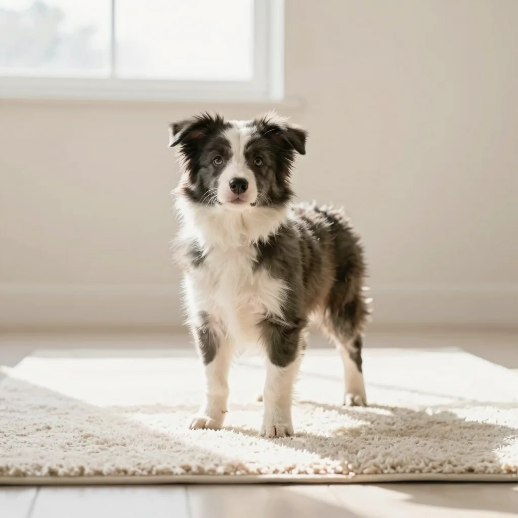 Breed-specific portrait of a young border collie puppy looking up on a white rug in open shade, soft natural light, neut