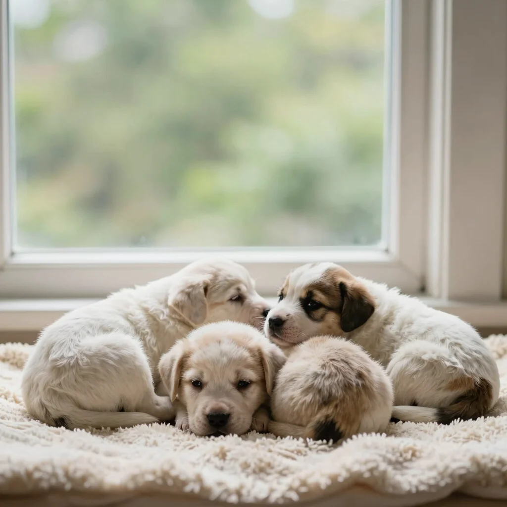 Small group of three puppies curled together on a cream blanket by a window, soft daylight, gentle warmth, editorial com