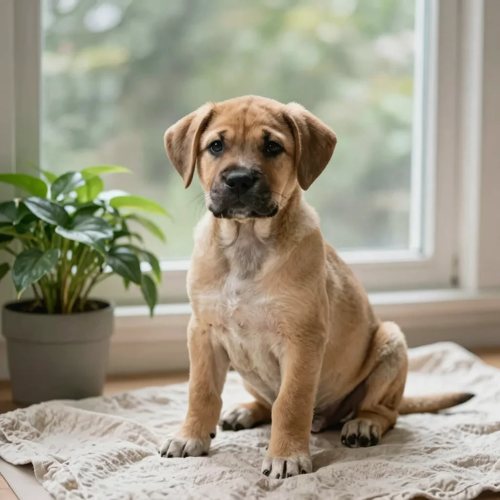 Portrait of a tan puppy sitting on a linen cloth beside a potted green plant, soft natural light, muted forest green acc