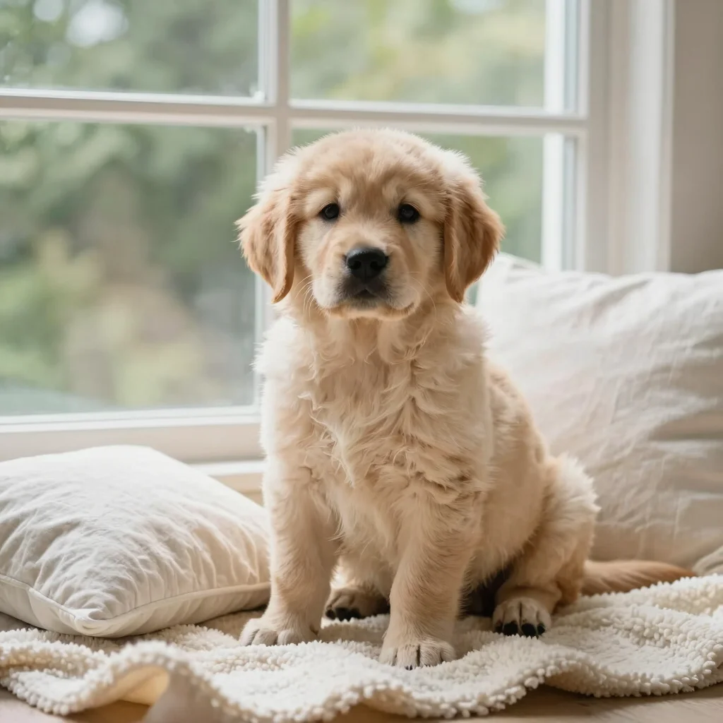 Natural window light editorial portrait of a healthy golden retriever puppy sitting on a cream wool blanket beside a whi